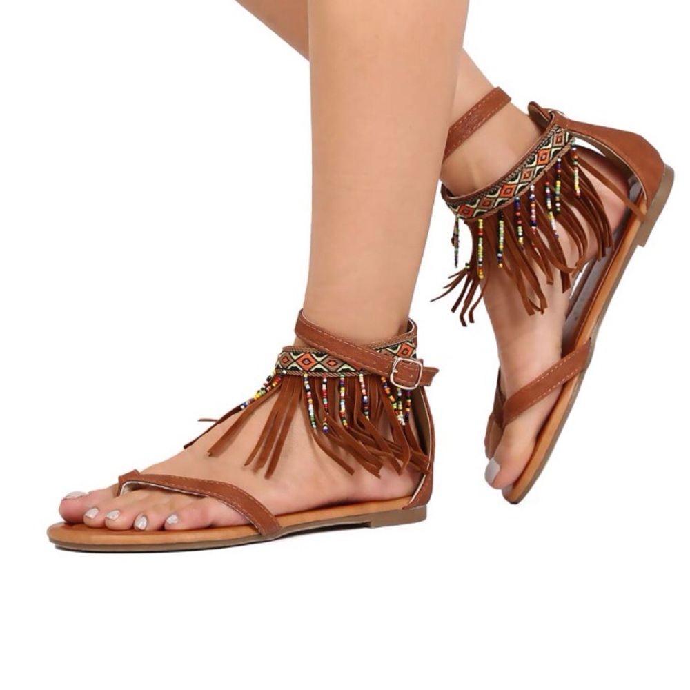 Nature Breeze Sandals Womens 9 Leather Tan Beaded Tribal Hippie Boho Lace Up